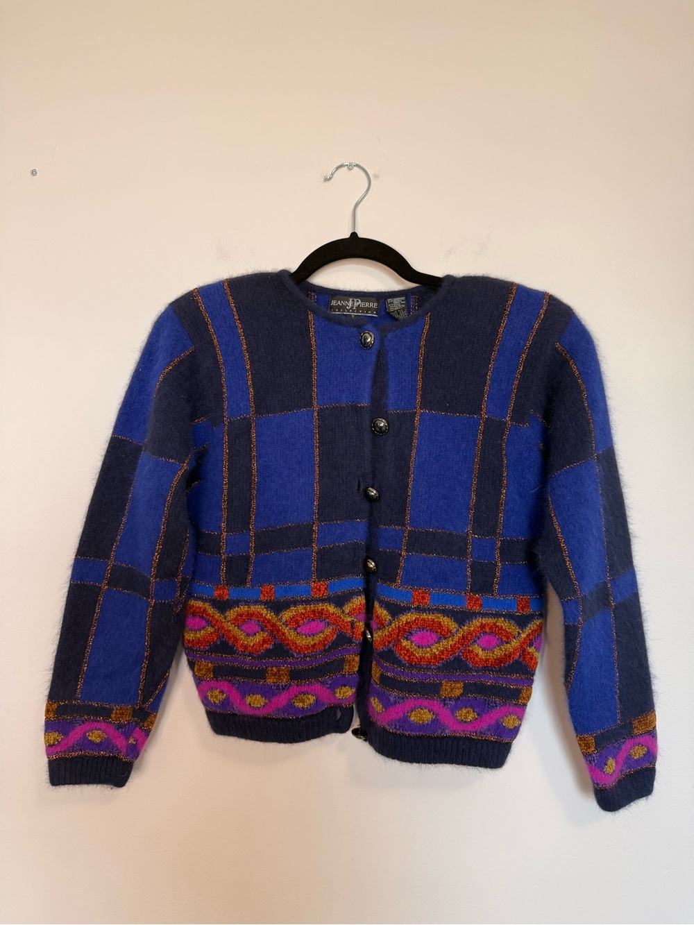 Jean Pierre Vintage Colorblock Plaid Cardigan in Blue, Navy & Magenta Medium